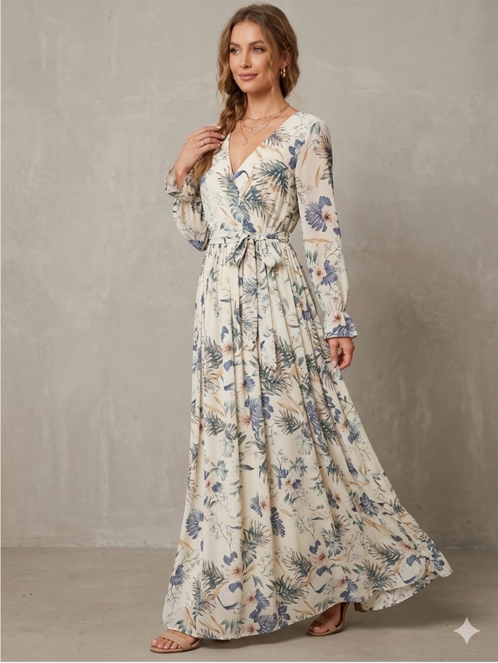 Pink Lily My Dearest Darling Botanical Floral Boho Maxi Dress Long Sleeve M